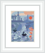 The image depicts a cross stitch pattern of a sunrise over the sea with subtle impressions of boats and the early morning light reflected on the water's surface.