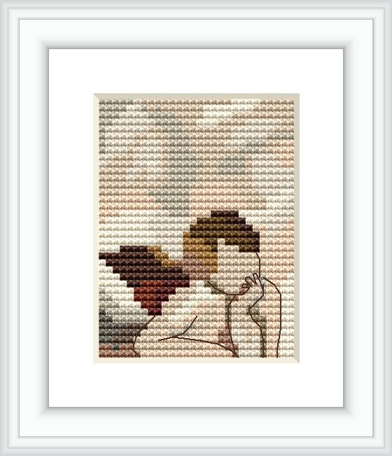 The image displays a framed cross stitch pattern resembling the Angels from Raphael’s Madonna Sistine. The pattern is intricately designed with various shades, creating a detailed and realistic representation of the famous artwork.