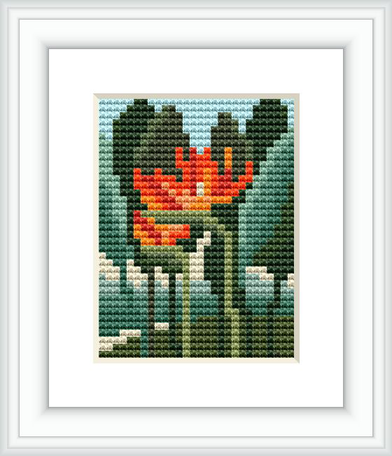 This image displays a framed cross stitch pattern depicting a single flower with multiple orange petals and a lush green background, alluding to Robert John Thornton's 'Temple of Flora'.