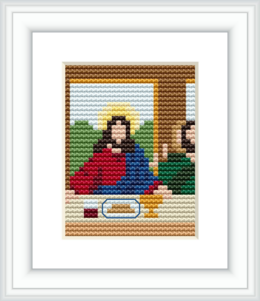 The image shows a framed cross stitch pattern depicting a simplified version of 'The Last Supper' with two main figures seated at a table adorned with a few items. The background is segmented into color blocks representing architectural elements.