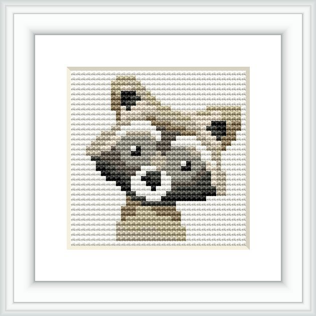 The image showcases a framed cross stitch pattern depicting a raccoon's face with a neutral color palette on white aida cloth.