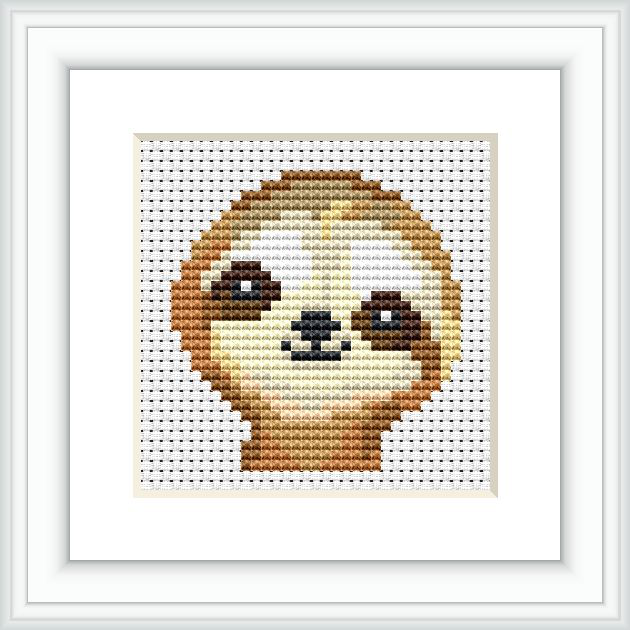 The image depicts a cross stitch embroidery pattern of a sloth's face, centered on a grid canvas, all framed within a simple white frame. The pattern is rendered in a pixelated style.