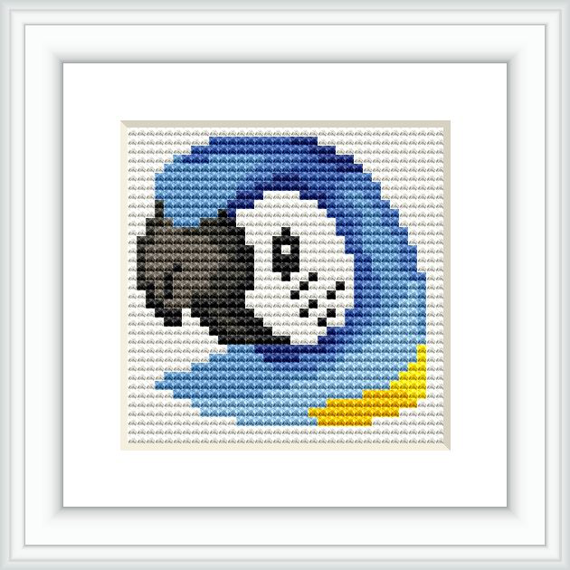 The image shows a framed cross stitch pattern featuring a stylized interpretation of a macaw with prominent blue, black, white, and yellow colors, set against a white background.