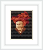 The image features a cross stitch embroidery of a human portrait set against a dark background. The human figure is centered, depicting the face in a three-quarter view, surrounded by a pattern of Reddish brown shades resembling hair or a headdress.