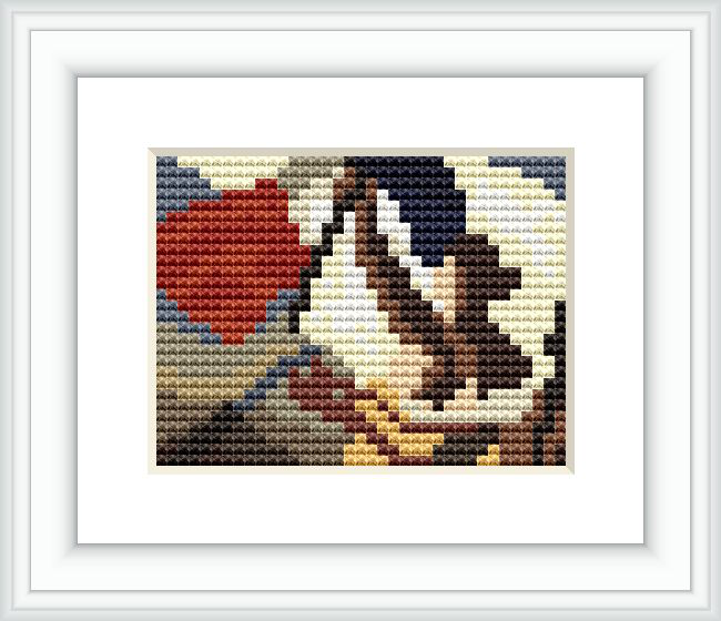 The cross stitch pattern depicts a stylized, pixelated rendition of 'Liberty Leading the People' by Eugène Delacroix. It features an array of people charging forward with a flag bearer at the forefront, set against a muted background.