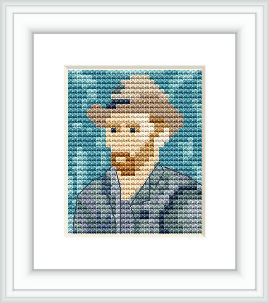 The image features a framed pixel art-style cross stitch of a man with a beard and a grey hat set against a teal background, resembling Vincent Van Gogh's self-portrait.