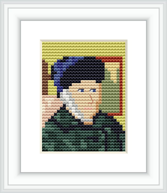 The image features a framed cross stitch pattern depicting a close-up portrait of a man with a bandaged ear, predominantly in earth tones with a bold blue hat, set within a white mount and minimalistic white frame, against a white background.