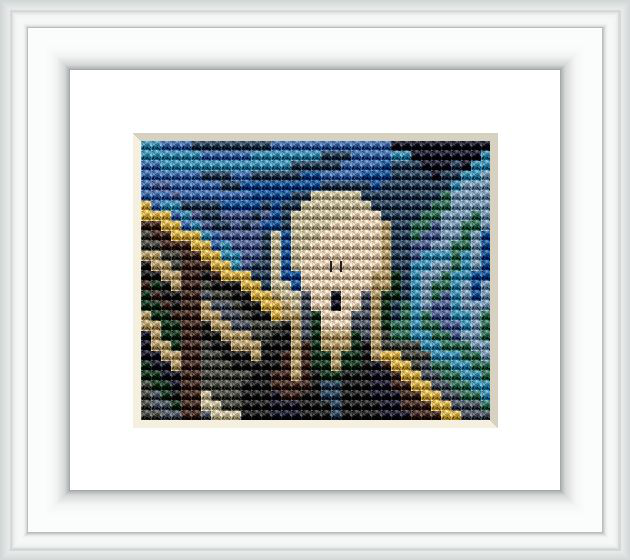 The cross stitch pattern features a pixelated interpretation of 'The Scream' by Edvard Munch. There is a humanoid figure in the foreground with an agonized expression, set against a backdrop of swirling sky and a bridge-like structure.