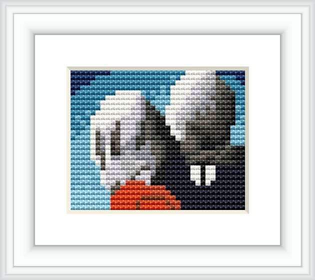 The cross stitch pattern depicts two figures intimately close with their faces covered, against an abstract background with shades of navy, sky blue, white, grey, and a touch of orange.