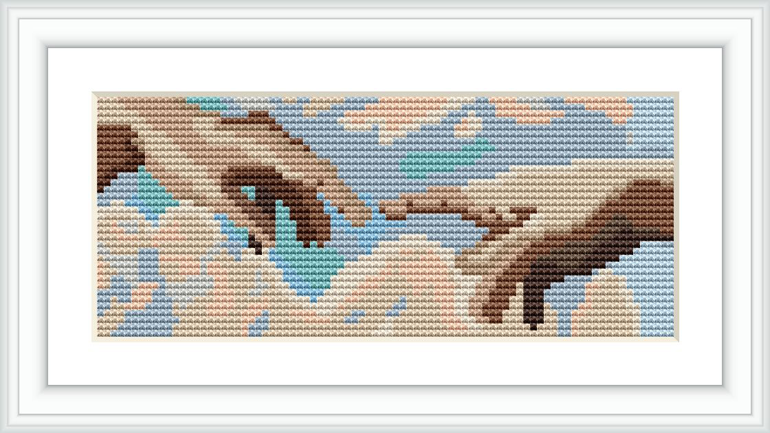 The image depicts a cross stitch pattern of Michelangelo's The Creation of Adam, showing the near-touching hands of God and Adam.