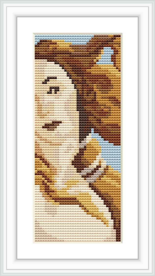 This image depicts a cross stitch pattern of the upper portion of a classical female figure, resembling Venus, against a plain, off-white background within a rectangular frame.