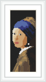 The image presents a cross stitch pattern resembling the famous 'Girl with a Pearl Earring' positioned against a dark background, framed in white and mounted within a larger frame.