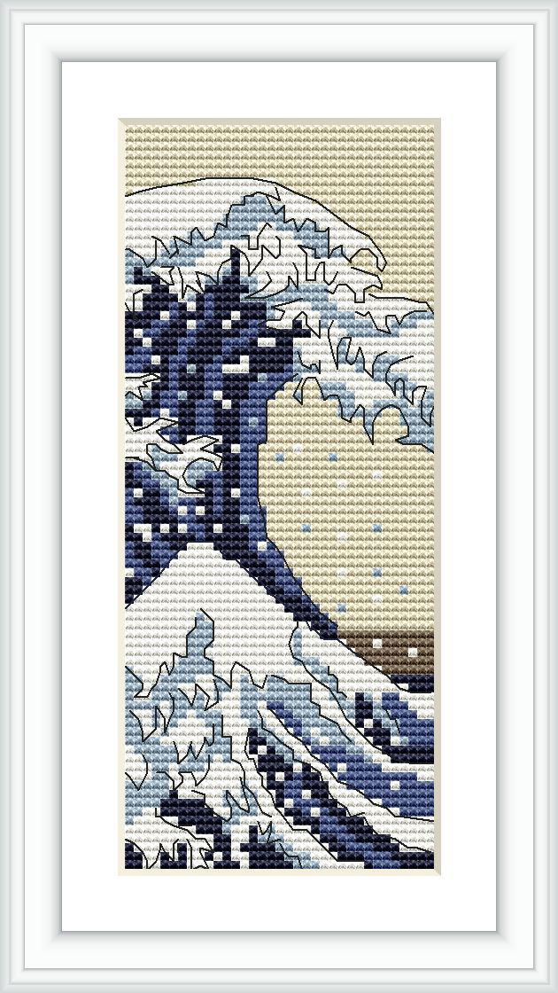 The image depicts a cross stitch pattern of a large, stylized wave that appears to be on the verge of crashing. It is predominantly blue and white, with variations of these colors creating the impression of sea foam. The wave is set against a beige background, which suggests sandy shores or perhaps the sky.