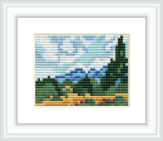 This cross stitch pattern depicts a quaint wheat field with towering cypresses under a dynamic, swirling sky. The design includes a variety of colors and stitches, creating depth and movement.