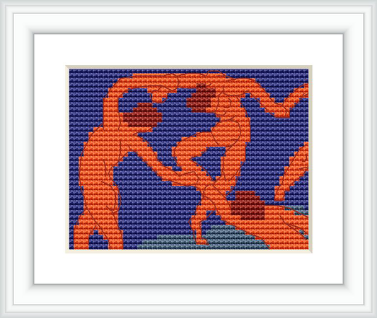 The image is a cross stitch pattern depicting stylized human figures in a dance pose rendered in a colorful and abstract style reminiscent of Henri Matisse's art.