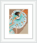 The image displays a cross-stitch pattern depicting the figure of a ballet dancer, focusing on her upper body and particularly her back. She is wearing a greenish costume, and the background is composed of abstract patches of different colors.