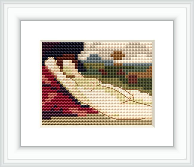 The image represents a cross stitch pattern resembling a cropped version of 'Sleeping Venus' by Tiziano. It shows a portion of a reclining figure that suggests human forms and draped fabric, against a backdrop of muted landscape tones.