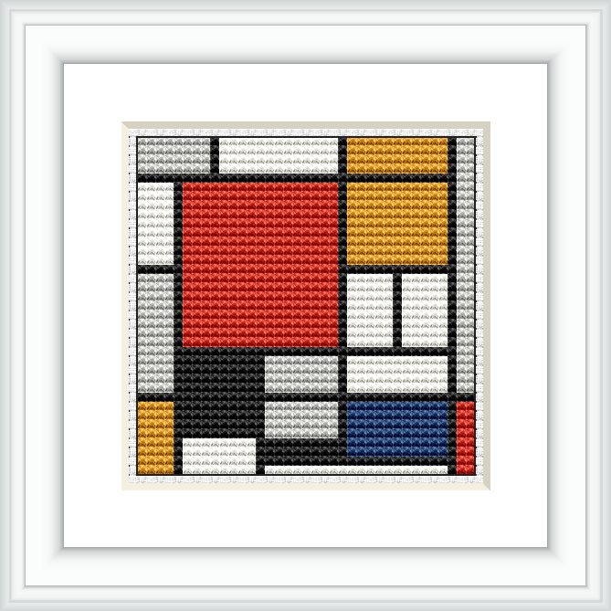 A framed cross stitch pattern depicting an abstract geometric composition with fields of primary colors—red, yellow, and blue—interspaced with black lines and white spaces, mimicking Piet Mondrian's 'Composition with Red Blue and Yellow' painting.