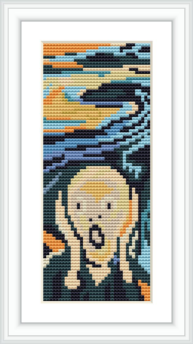 A pixelated cross stitch representation of Edvard Munch's painting 'The Scream', featuring a humanoid figure with a distorted face, standing on a bridge with a tumultuous sky and water in the background.