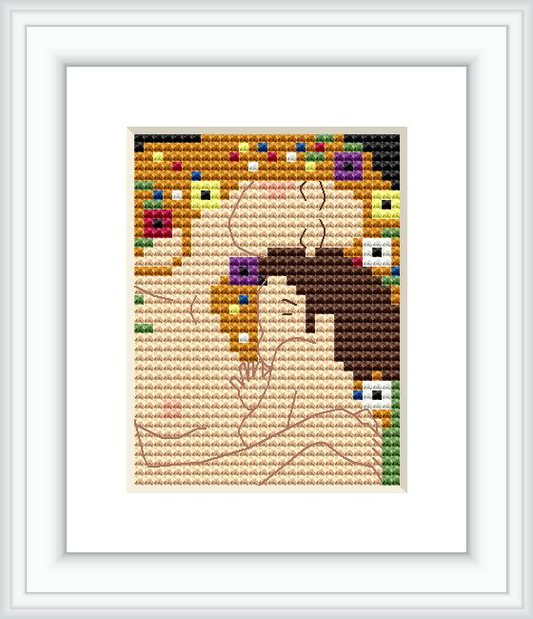 The image depicts the pixelated rendition of Klimt's 'Mother with Child', showing a mother embracing her child, both depicted in a warm, golden color palette with occasional colorful squares.