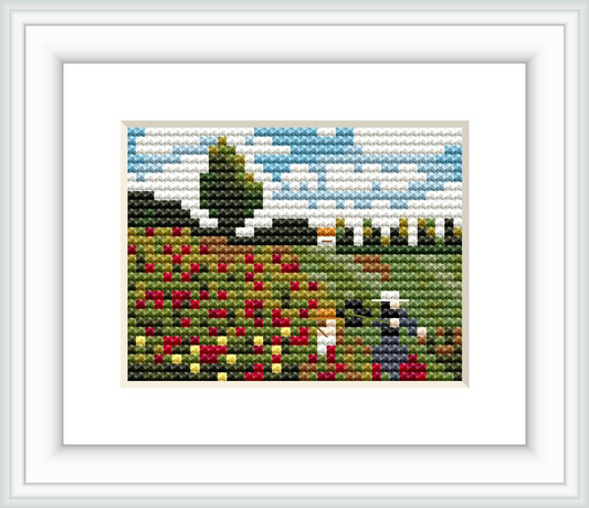 The image depicts a cross stitch pattern rendering of Monet's 'The Poppy Field near Argenteuil' featuring a landscape with poppy flowers, greenery, trees, and a clear sky.