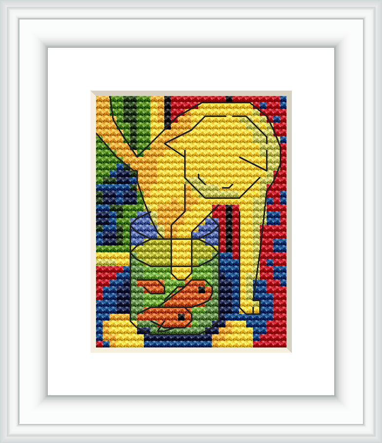 The image shows a cross-stitch pattern featuring an abstract representation of a yellow cat overlooking fish in a vase, set against a background of primary colors in block patterns.