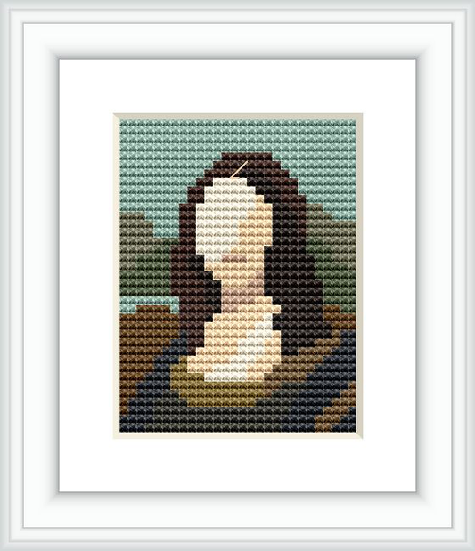 The image is a pixelated representation of the Mona Lisa by Leonardo da Vinci, framed and set against a white background.