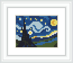 A cross stitch pattern depicting Van Gogh's Starry Night, showing a swirling night sky with stars, a crescent moon, and a silhouetted landscape with cypress tree, framed in white against a grey background.