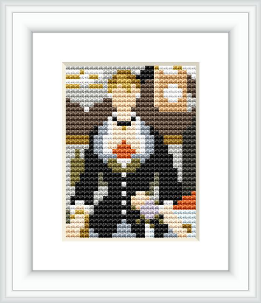 A pixelated cross stitch pattern depicting a bartender at a bar with various bottles and glasses, reflecting elements of a Parisian cabaret as seen in Manet's 'A Bar at the Folies-Bergère'.