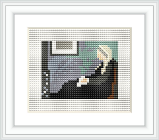 The image displays a framed cross stitch pattern replicating a portion of the painting 'Arrangement in Grey and Black No. 1,' featuring a seated figure with minimal detail against a simplistic backdrop.