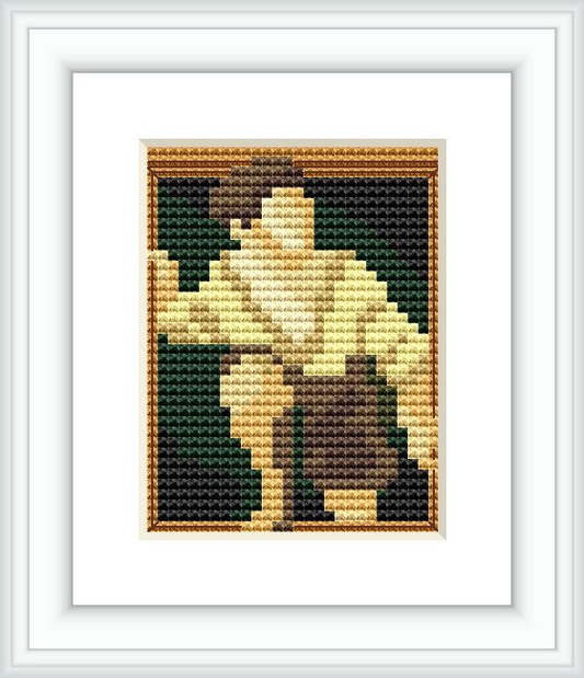 The cross stitch pattern depicts a figure climbing out of a frame against a dark background, giving the illusion of breaking the fourth wall.