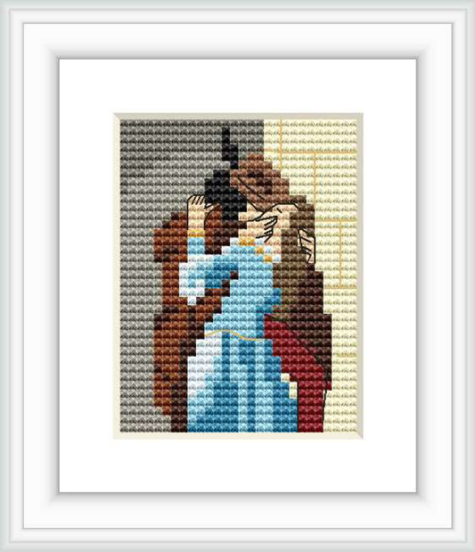 A cross stitch pattern depicting a man and a woman in an intimate embrace. The man, wearing dark attire, is kissing the woman on her cheek, while she, dressed in a blue outfit with a red drape, leans into the kiss. The background consists of contrasting shades creating an ambience of depth.