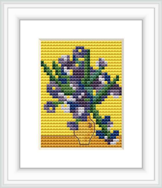 The image showcases a cross-stitch pattern featuring a vase of blooming irises. The design is set against a rich yellow background, framed in white, suggesting the influence of Van Gogh's 'Irises'.