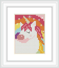 The image displays a framed cross stitch pattern of a stylized unicorn with a rainbow mane and stars around it. It is executed in bright and pastel colors against a plain background within a white frame.