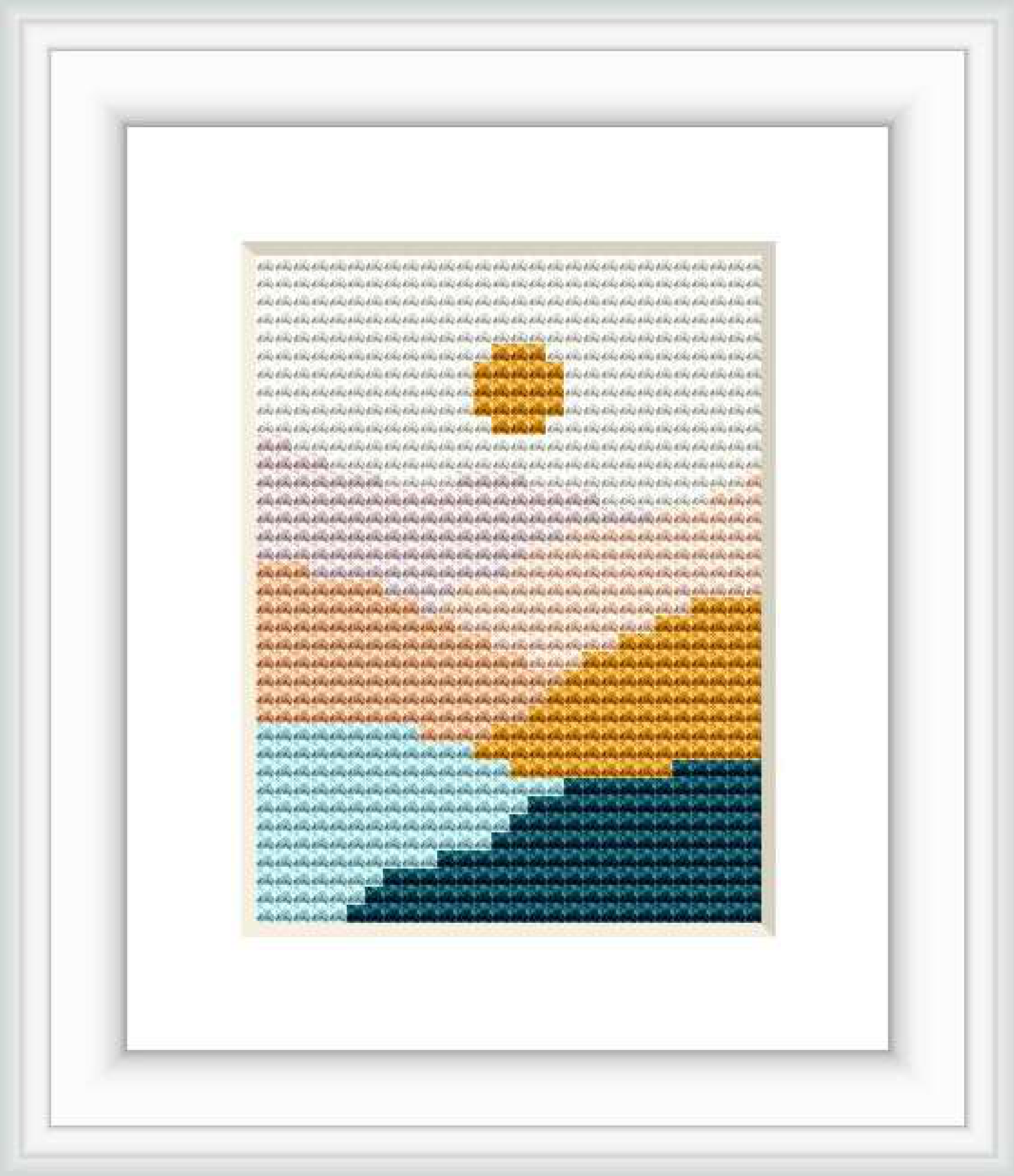 The pattern shows a stylized sunset with the sun above the horizon reflecting on water, using a gradient of colors to suggest dusk time.