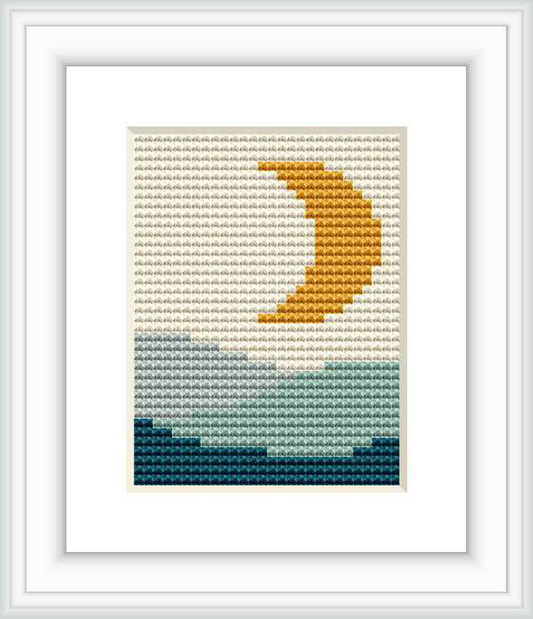The pattern depicts a minimalistic sunset scene with bands of blue and green depicting water at the bottom, transitioning into a sky with a prominent yellow crescent representing the setting sun.
