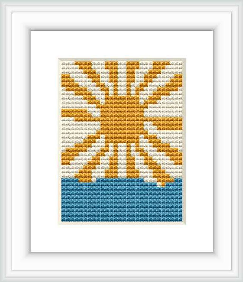 The image showcases a simple cross stitch pattern featuring the upper half of a sun with rays spreading out across the sky above a body of water.