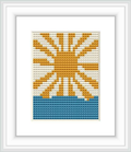 The image showcases a simple cross stitch pattern featuring the upper half of a sun with rays spreading out across the sky above a body of water.