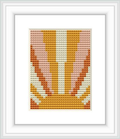 The image showcases a framed cross stitch pattern depicting an abstract sunrise design with segmented colors creating a gradient effect resembling the morning sun rising over the horizon.