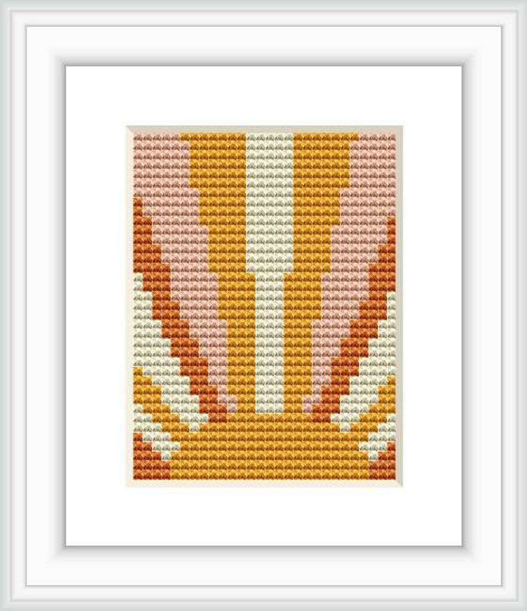 The image showcases a framed cross stitch pattern depicting an abstract sunrise design with segmented colors creating a gradient effect resembling the morning sun rising over the horizon.