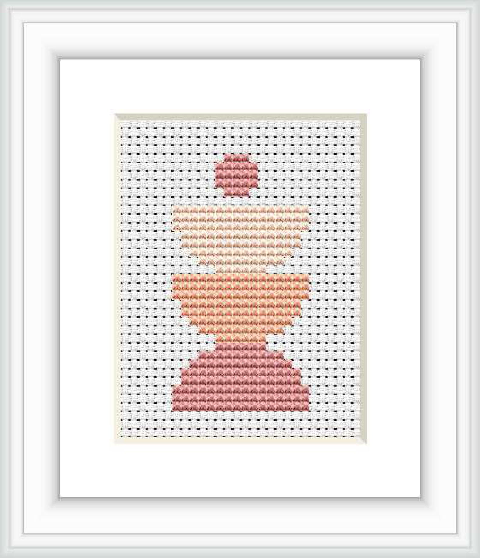 This cross stitch pattern depicts a series of stacked abstract elements in a blush color palette, situated within a simple white frame against a clean background.