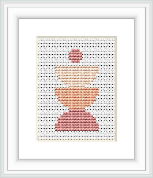 This cross stitch pattern depicts a series of stacked abstract elements in a blush color palette, situated within a simple white frame against a clean background.