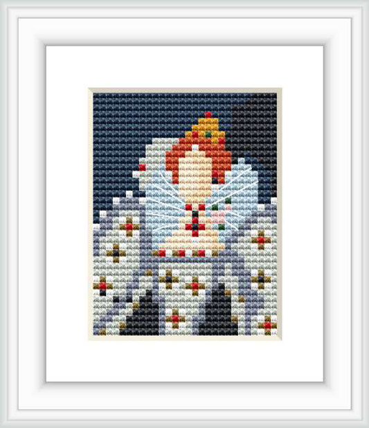 The image shows a framed cross stitch pattern of a stylized figure resembling Queen Elizabeth I against a dark blue background. The pattern is focused on her traditional Elizabethan ruffle collar, ornate dress with golden accents, and a crown, hinting at her regal status.