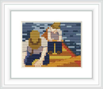 The image depicts two figures dressed in boating attire, seated on a dock by the riverside. They appear to be rowers due to the visible oar and the maritime setting with water patterns suggesting the presence of a river.