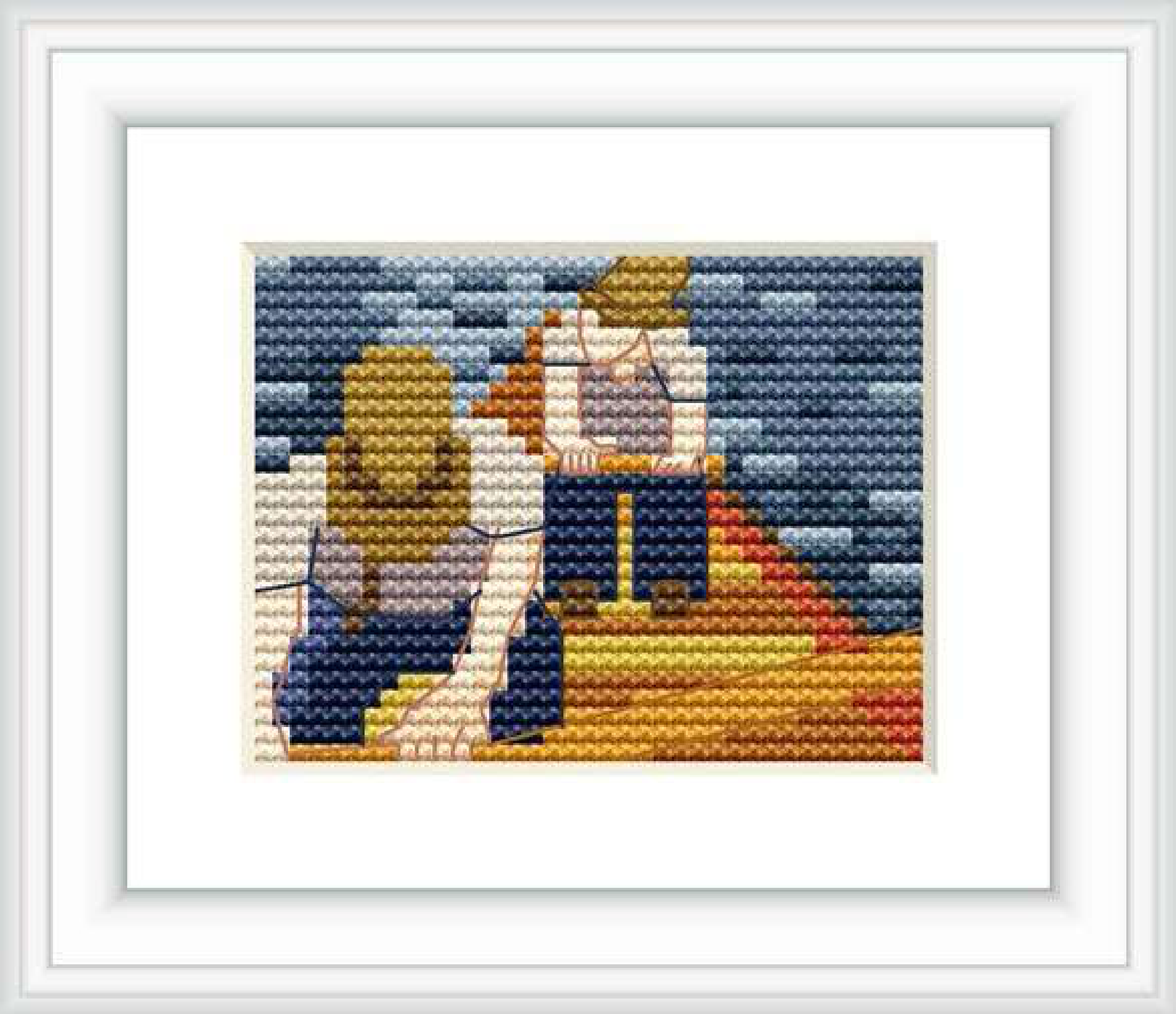 The image depicts two figures dressed in boating attire, seated on a dock by the riverside. They appear to be rowers due to the visible oar and the maritime setting with water patterns suggesting the presence of a river.