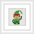 The image showcases a framed cross-stitch pattern of a cartoonish elf. The elf is primarily green with red and white accents, set against a patterned background.