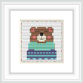 The image displays a framed cross stitch pattern of a stylized bear centered on a grid-based cloth with a combination of colored stitches.