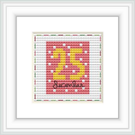 The image displays a framed cross stitch pattern featuring the number '15' in the center with a vibrant ombré effect transitioning from red to yellow. Below the number, 'December' is stitched in cursive text over a background of repeated fine grey lines.
