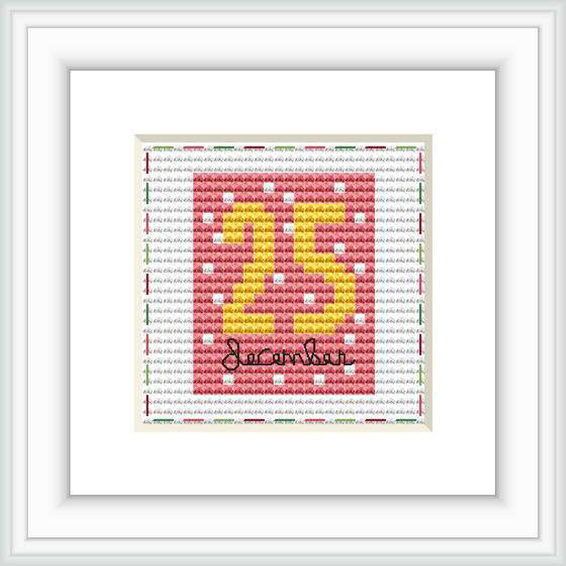 The image displays a framed cross stitch pattern featuring the number '15' in the center with a vibrant ombré effect transitioning from red to yellow. Below the number, 'December' is stitched in cursive text over a background of repeated fine grey lines.