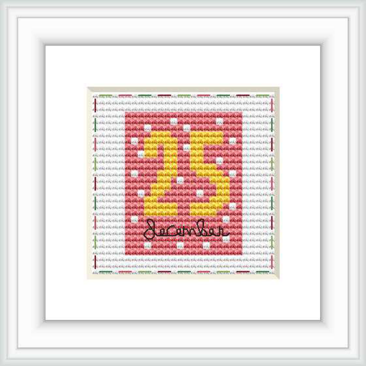 The image displays a framed cross stitch pattern featuring the number '15' in the center with a vibrant ombré effect transitioning from red to yellow. Below the number, 'December' is stitched in cursive text over a background of repeated fine grey lines.